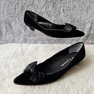 Nina Women Velvet Bow Pointed‎ Toe Slip On Mini Kitten Heels Size 9M Black Fairy